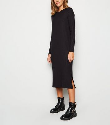 Black Fine Knit Ribbed Midi Dress | New ...